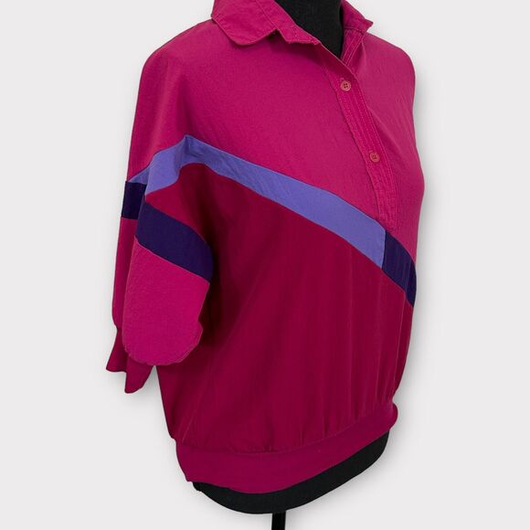 Vintage 80s Cortiva Color Block Collared Shirt Women Size Small Pink Purple Top - Picture 4 of 10